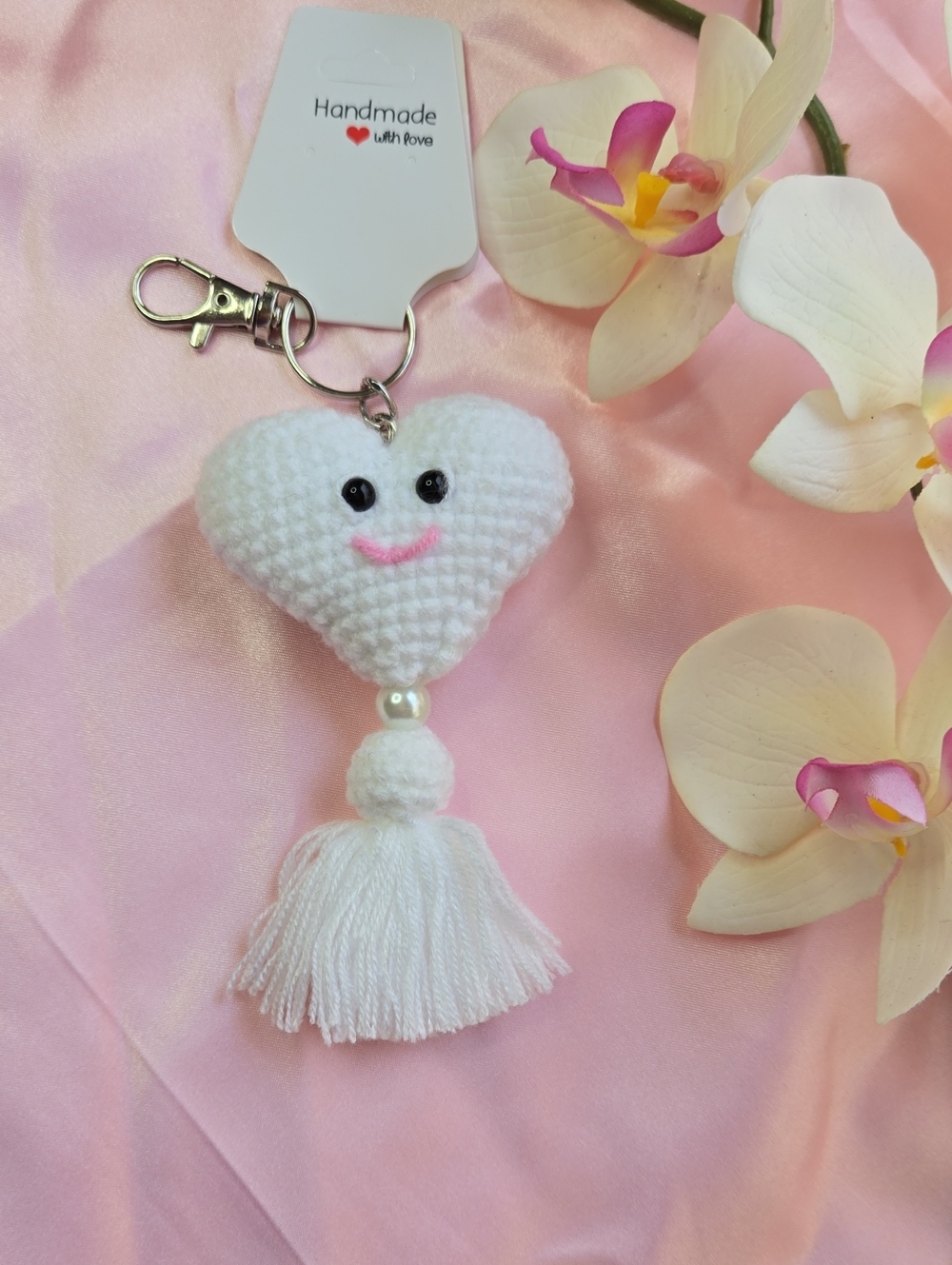 Handmade White Heart Tassel Keychain for Kids